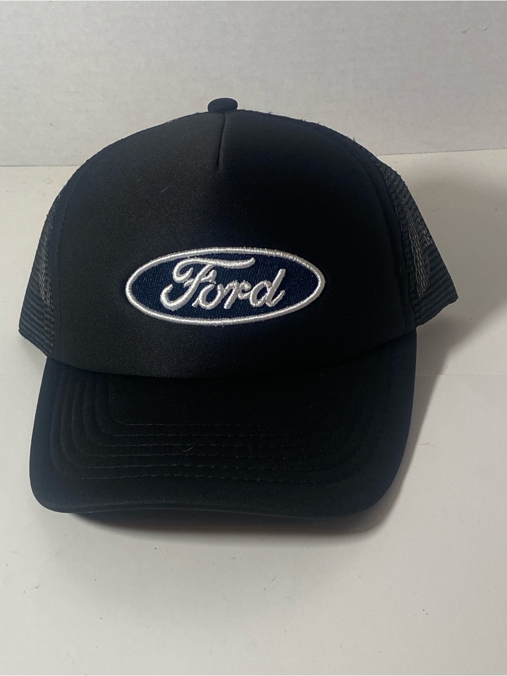 Ford Black Trucker Hat with White Embroidered Logo Mesh Back Snap Back Cap New